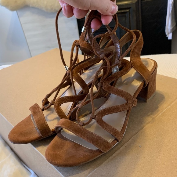 Saks Fifth Avenue Cognac Camel Brown Suede Lace Up Block Heel Sandals - 6.5 - Picture 7 of 16